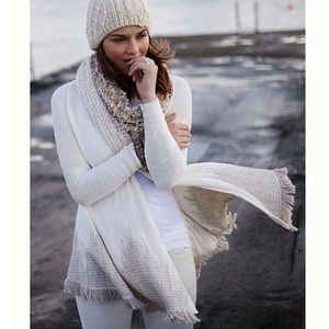 Anthropologie Cream and Tan Open-Front Fringe Cardigan Sweater